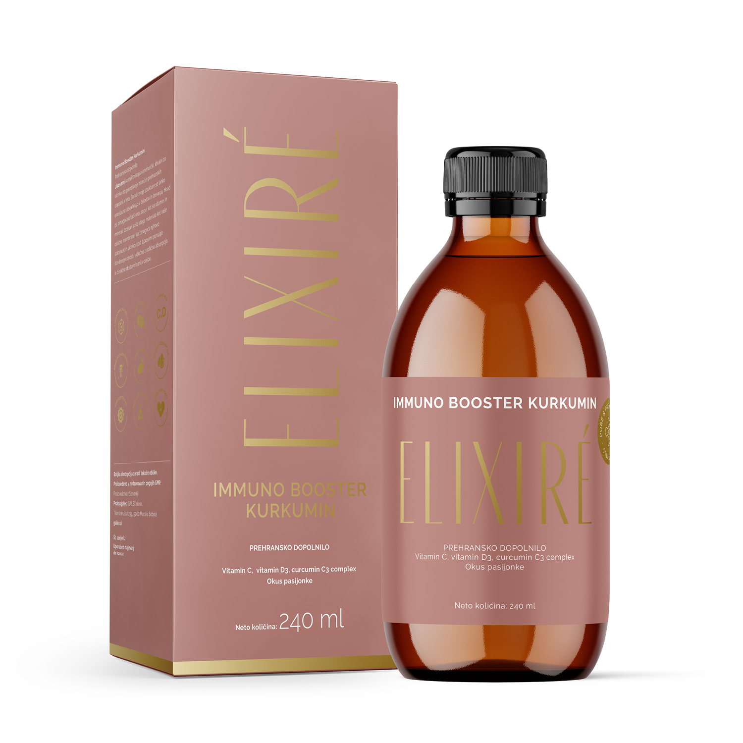 ELIXIRÉ LIPOSOMSKI IMMUNO BOOSTER KURKUMIN – prehransko dopolnilo, okus pasjonke 240ml